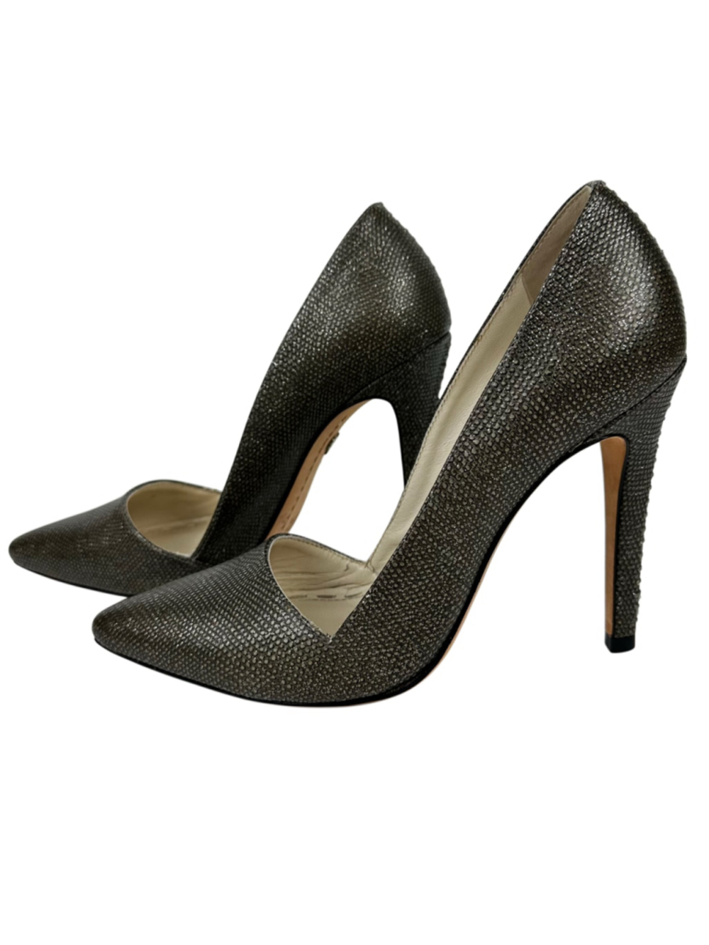 Alice + Olivia D'Orsay Pointed Toe Pump Heels Metallic Charcoal Sz 37.5 Brazil